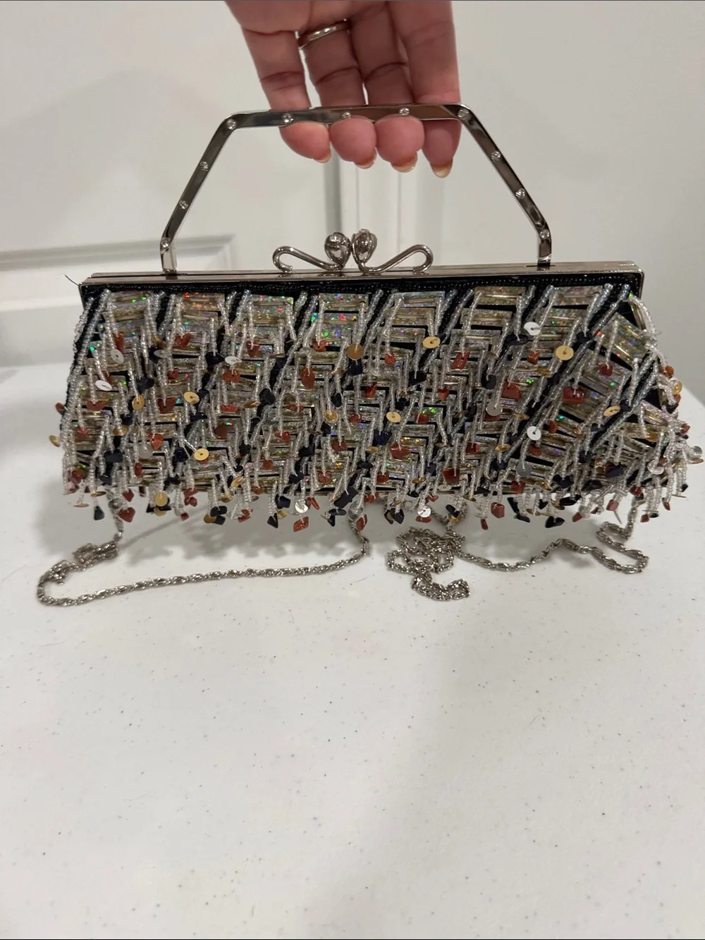 Unbranded vintage Beaded Fringe Evening Clutch Handbag with rhinestones - Black